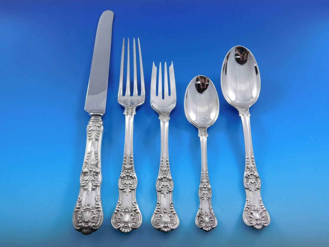 Tiffany & Co English King Sterling Silver 60-Piece Flatware Set with Storage Chest: Tiffany & Co English King Sterling Silver 60-Piece Flatware Set with Storage Chest This exquisite English King flatware set by Tiffany & Co. offers a timeless elegance that enhances any dining experie