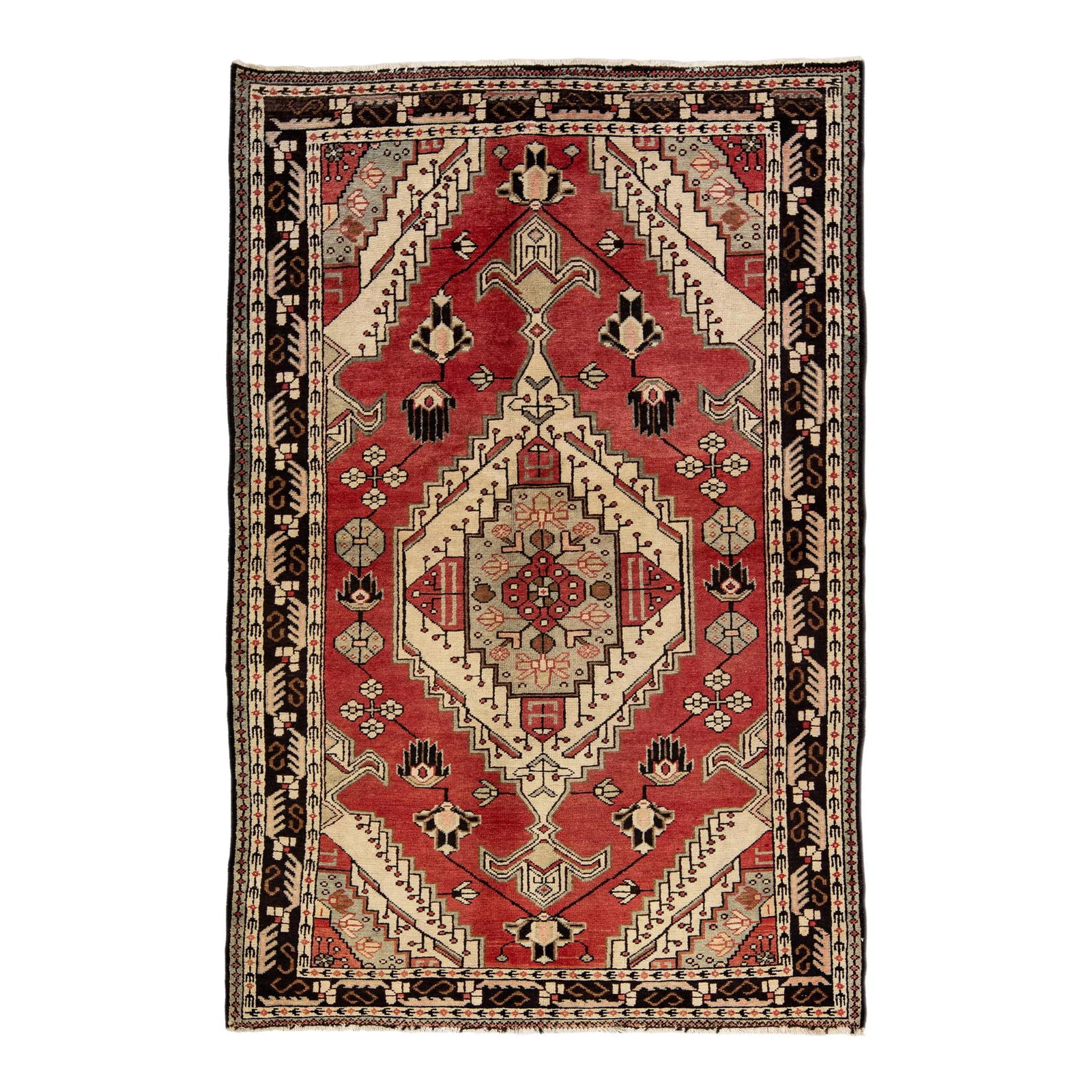 Vintage Handmade Persian Geometric Wool Rug Red 4'4" x 6'8": Vintage Handmade Persian Geometric Wool Rug Red 4'4" x 6'8" Enhance your space with this stunning Vintage Handmade Persian Wool Rug, featuring a vibrant red field adorned with multicolor geometric des
