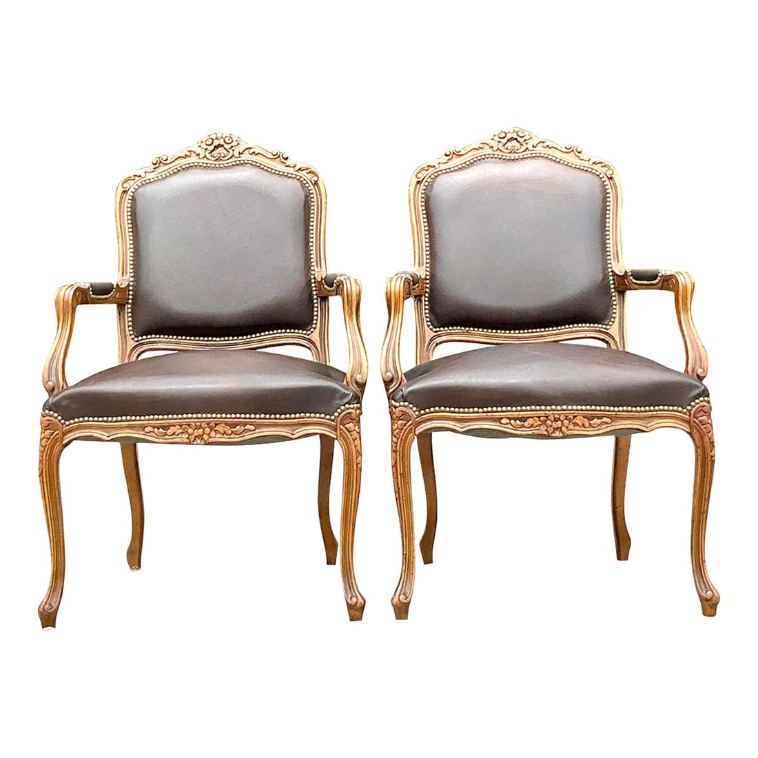 Elegant Vintage Regency Leather Fauteuil Chairs Pair Sienna: Elegant Vintage Regency Leather Fauteuil Chairs Pair Sienna Transform your living area with this exquisite pair of Vintage Italian Regency Leather Fauteuil Chairs. These chairs showcase a timeless Ame