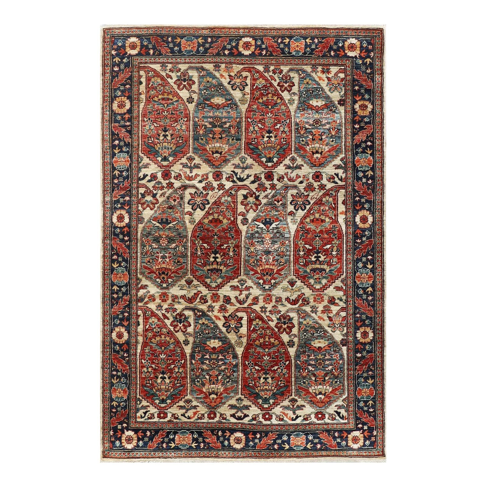 Transitional Beige Wool Rug with Boteh Design 4' x 6': Transitional Beige Wool Rug with Boteh Design 4' x 6' Elevate your space with this exquisite transitional handcrafted beige wool rug, featuring a captivating Boteh design. The beige field is beautiful