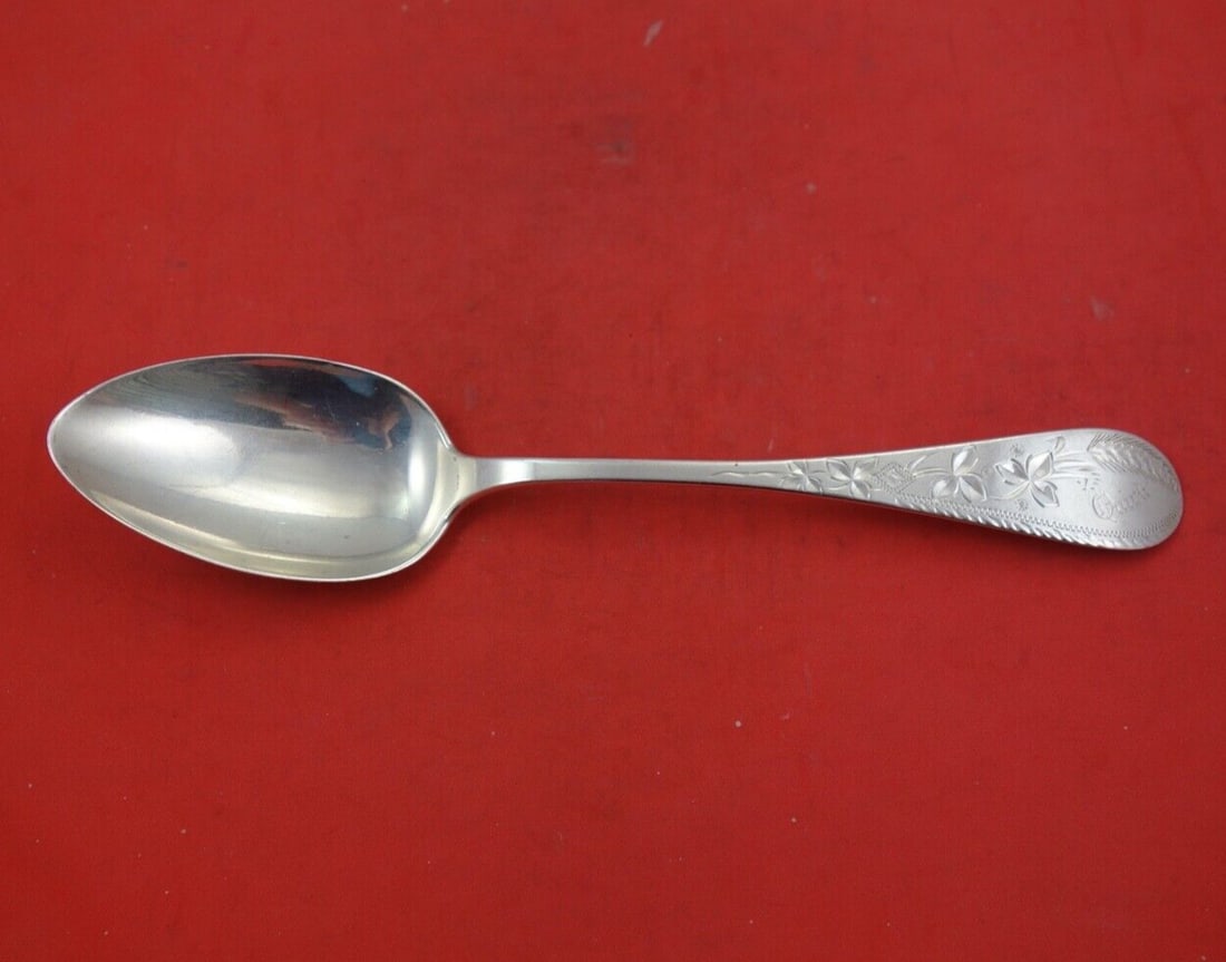 Antique Sterling Silver Serving Spoon 8 1/4" Antique Engraved Wheat Pattern (1 of 2)