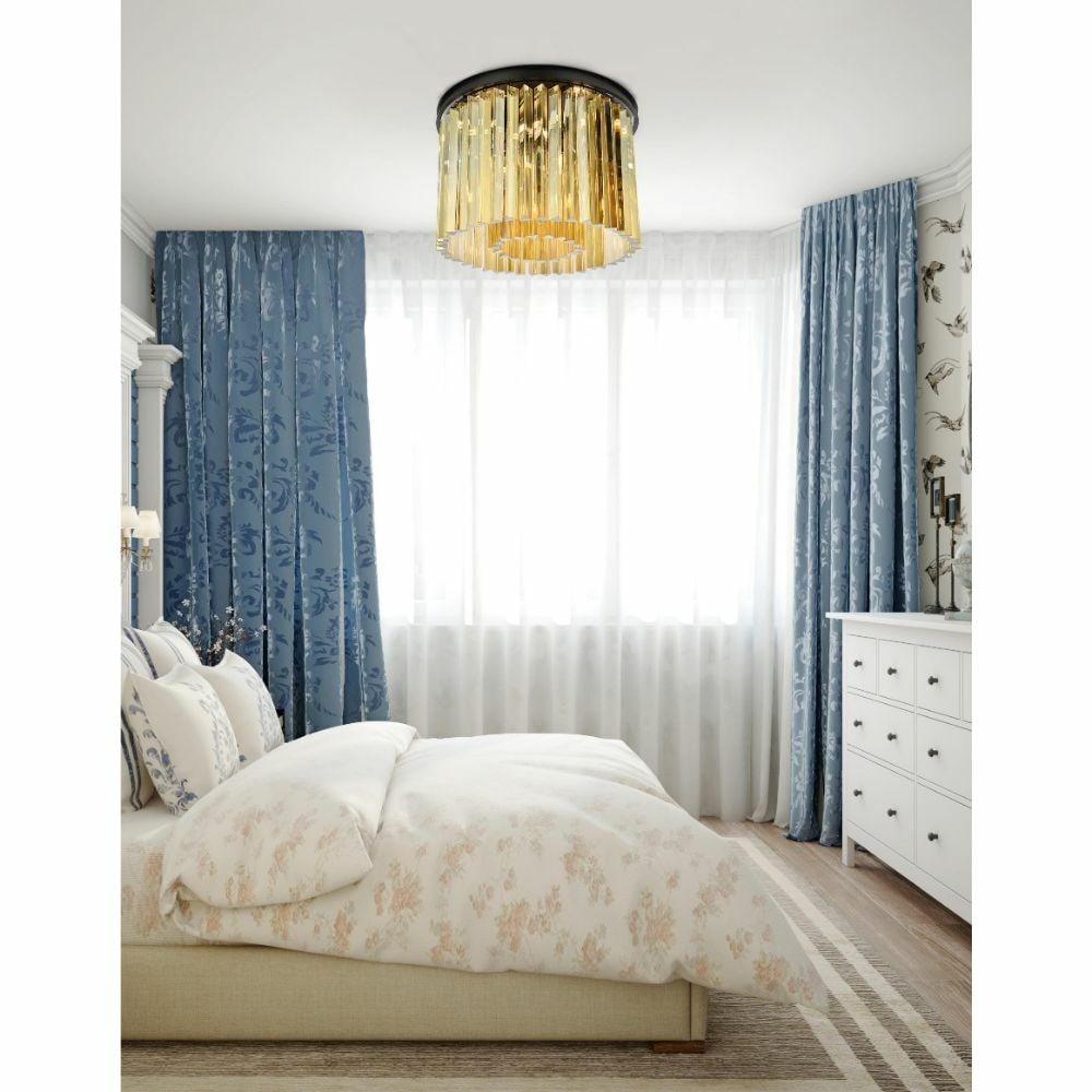 Sydney 6-Light Matte Black Flush Mount Chandelier with Golden Teak Crystals: Sydney 6-Light Matte Black Flush Mount Chandelier with Golden Teak Crystals Illuminate your space with the stunning Sydney 6-Light Flush Mount Chandelier. Featuring exquisite Royal Cut Golden Teak cry