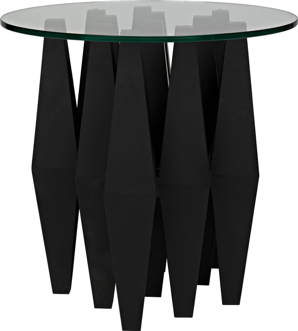 Noir Soldier Collection Matte Black Steel Side Table with Glass Top: Noir Soldier Collection Matte Black Steel Side Table with Glass Top This sleek side table features a modern design with a matte black finish, crafted from durable black steel. It includes a stylish gl