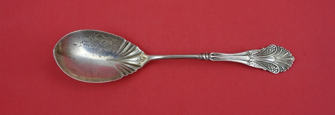Sterling Silver Preserve Spoon Corinthian Pattern by Shiebler 7 Inch: Sterling Silver Preserve Spoon Corinthian Pattern by Shiebler 7 Inch This is a sterling silver preserve spoon in the Corinthian pattern by John Polhamus and Shiebler. The spoon features a bright-cut d