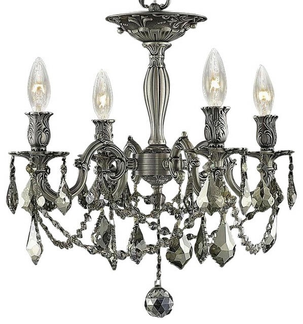 Rosalia 4-Light Pewter Crystal Flush Mount 17in: Rosalia 4-Light Pewter Crystal Flush Mount 17in Elevate your indoor spaces with this stunning Pewter Ceiling Lighting Chandelier featuring exquisite Golden Teak crystals. Designed in a traditional sty