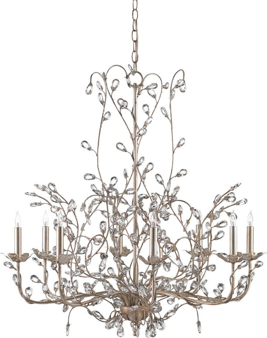 Currey Rococo Crystal Bud Chandelier Silver 8 Bulbs Adjustable Height: Currey Rococo Crystal Bud Chandelier Silver 8 Bulbs Adjustable Height Illuminate your space with this elegant Crystal Bud Chandelier, masterfully crafted in a stunning Rococo style. Featuring a beauti