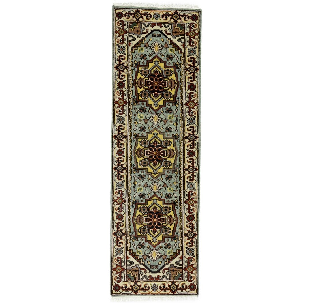 Hand-Knotted Wool Runner Rug Modern Geometric Tribal Design 2'7 x 8'2: Hand-Knotted Wool Runner Rug Modern Geometric Tribal Design 2'7 x 8'2 This handmade runner rug features a geometric tribal Heriz Serapi design in a blend of light gray, cream, yellow, green, rusty pin