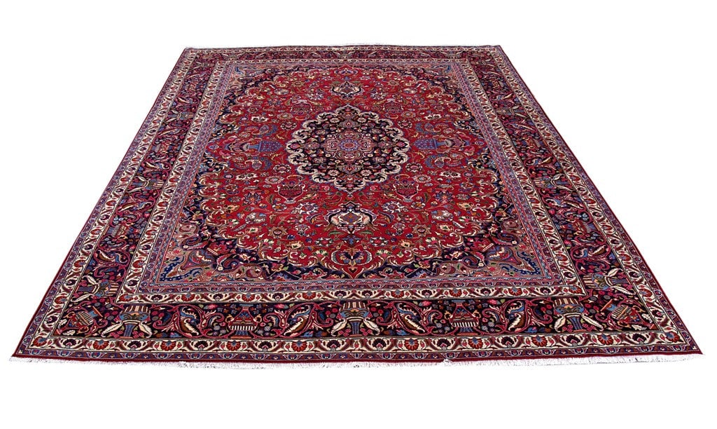 Handmade Persian Mashad Rug 9'11 x 12'10 Red Wool Authentic Iran: Handmade Persian Mashad Rug 9'11 x 12'10 Red Wool Authentic Iran Free continental US Shipping Enhance your living space with this authentic Persian Mashad rug, meticulously handcrafted by skilled arti