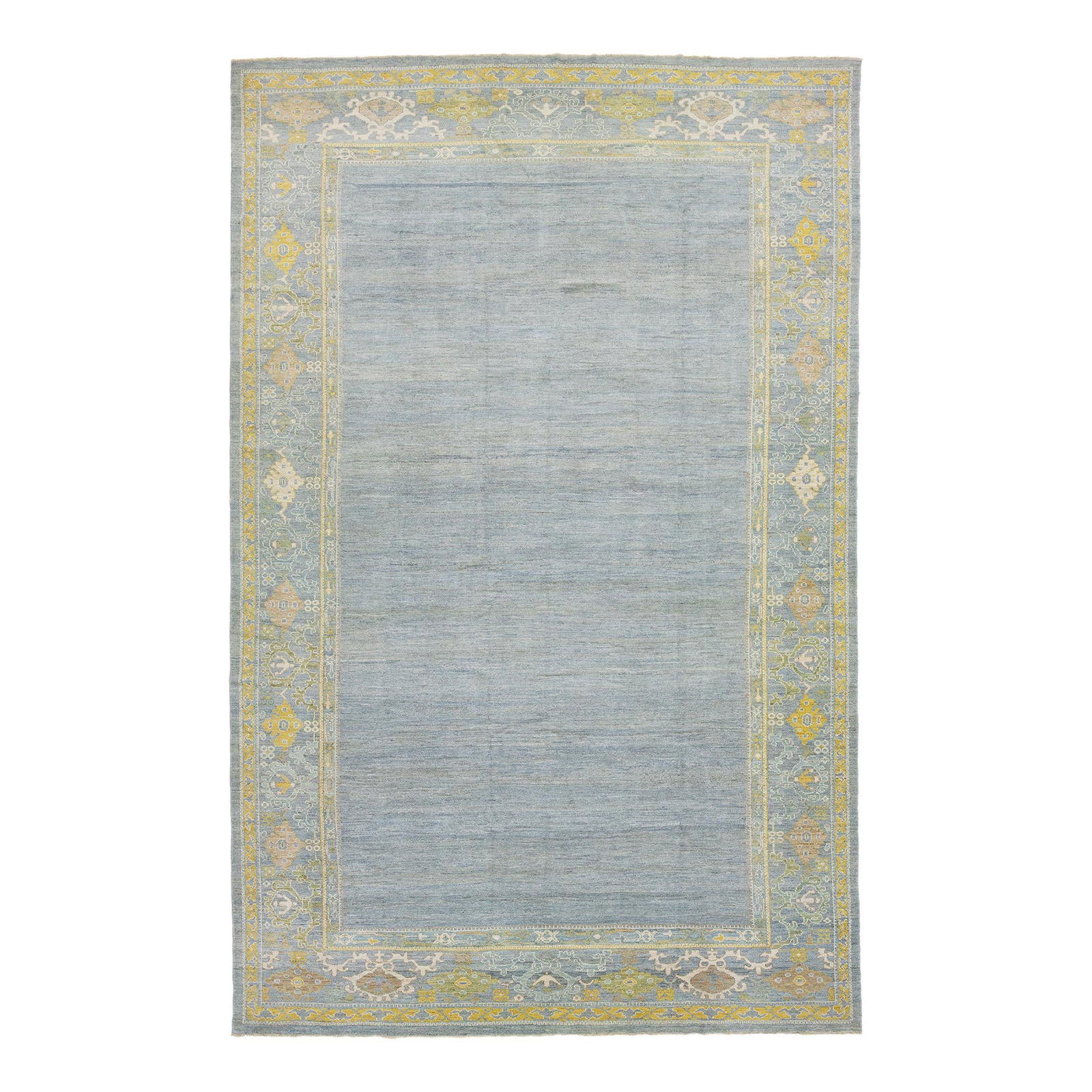 Light Blue Contemporary Sultanabad Wool Rug 12 x 19: Light Blue Contemporary Sultanabad Wool Rug 12 x 19 Enhance your living space with this stunning hand-knotted wool rug featuring a contemporary Sultanabad design. The rug showcases a light blue backgr