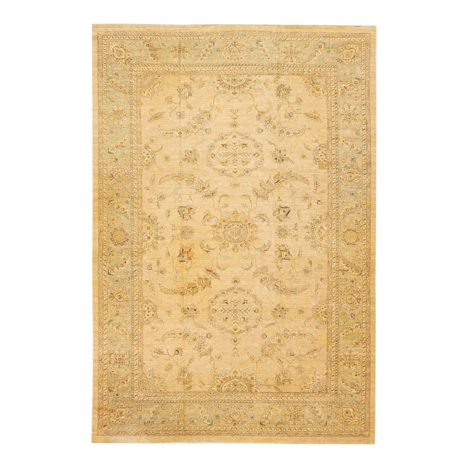 Oversized Modern Peshawar Wool Rug Beige Palmettes Design 11'8 x 17'5: Oversized Modern Peshawar Wool Rug Beige Palmettes Design 11'8 x 17'5 Enhance your living space with this exquisite Modern Peshawar Handmade Palmettes Designed Beige Oversize Wool Rug. Crafted from hi