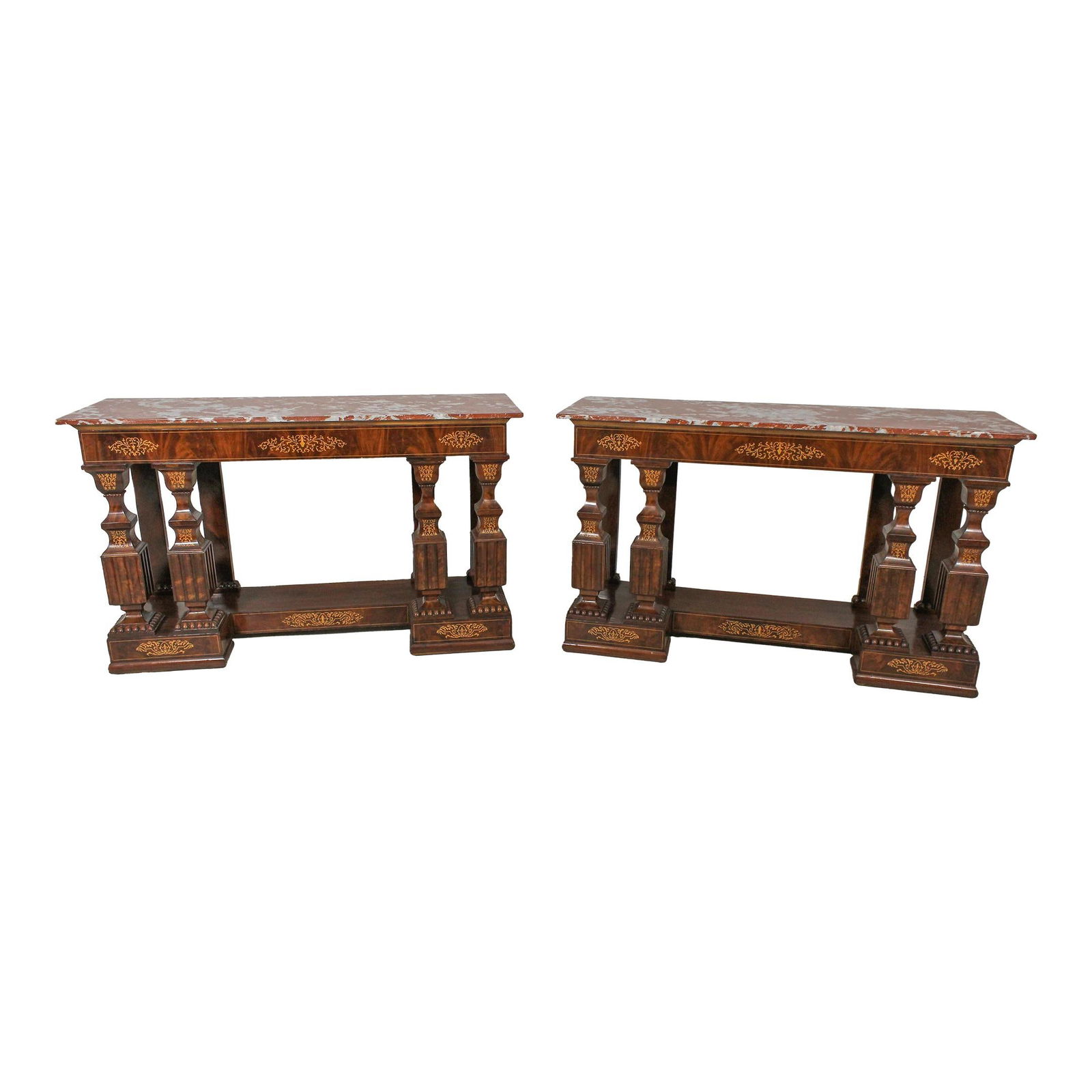 Rare Pair Antique Charles X Mahogany Marble Console Tables: Rare Pair Antique Charles X Mahogany Marble Console Tables This exquisite pair of Antique Charles X console tables showcases fine quality inlay and exceptional craftsmanship from the period of 1820-18