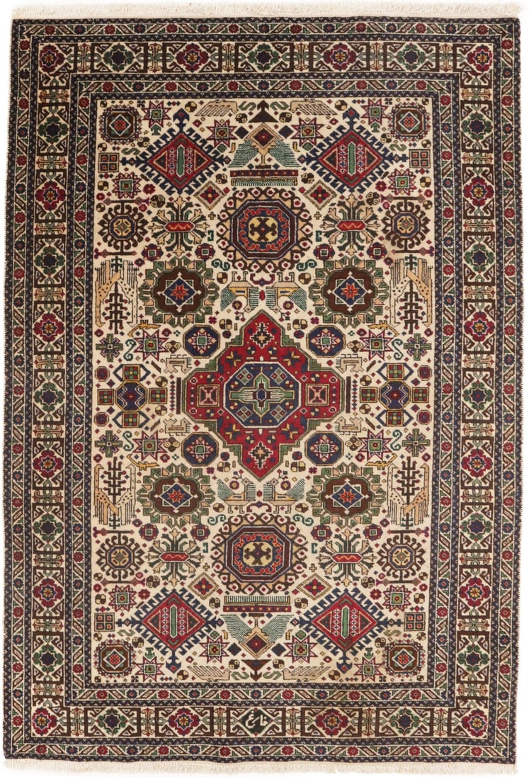 Vintage Hand-Knotted Wool Oriental Rug Cream Tribal Design 4'4 x 6'4: Vintage Hand-Knotted Wool Oriental Rug Cream Tribal Design 4'4 x 6'4 Enhance your space with this exquisite Antique Hand-Knotted Oriental Rug, featuring a beautiful cream tribal design. This vintage p