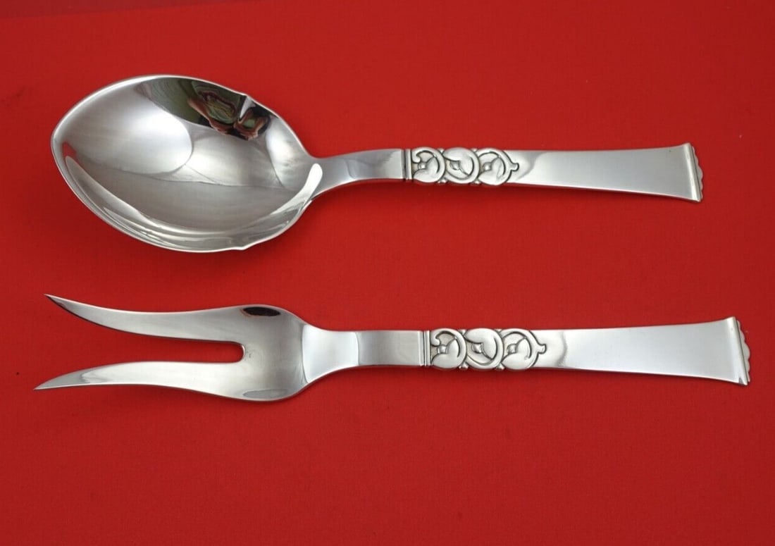 S. Christian Danish Sterling Silver Salad Serving Set 2pc 10 Inch: S. Christian Danish Sterling Silver Salad Serving Set 2pc 10 Inch Elevate your dining experience with this exquisite 2-piece salad serving set crafted from Danish sterling silver by S. Christian. Each