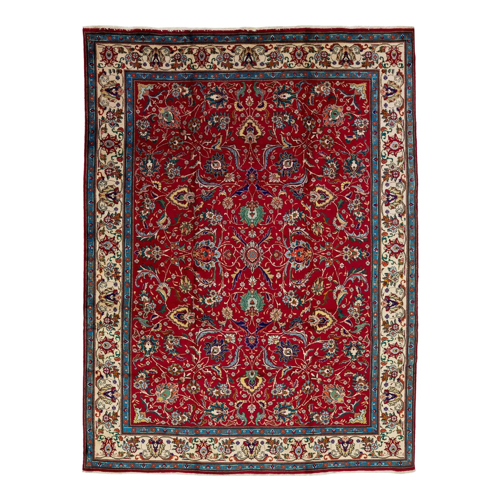 Vintage Tabriz Handmade Wool Rug Red Floral 9'7 x 12'9: Vintage Tabriz Handmade Wool Rug Red Floral 9'7 x 12'9 Transform your living space with this exquisite Vintage Tabriz Handmade Wool Rug. Featuring a rich red field, this stunning piece is beautifully