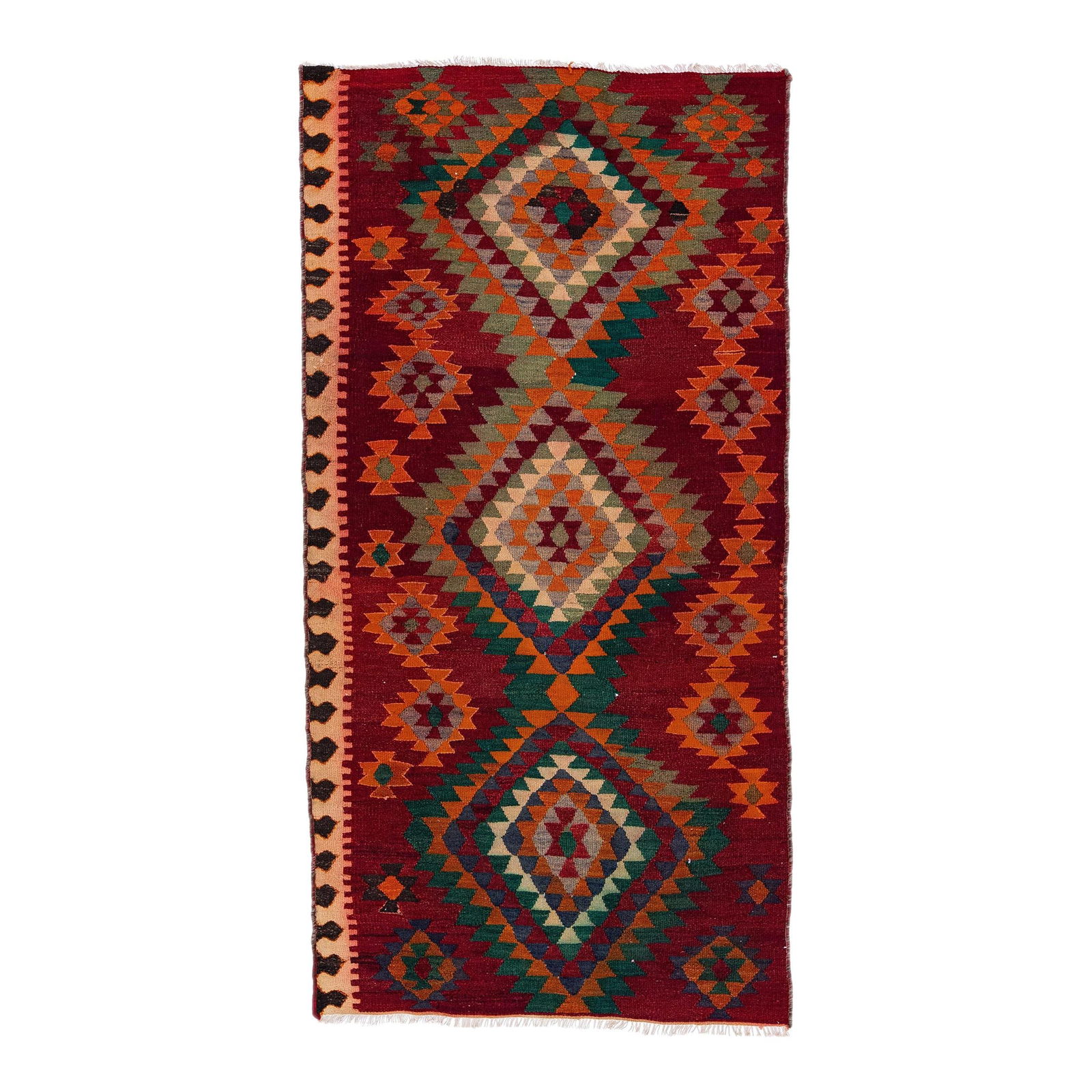 Vintage 1960s Turkish Kilim Red Wool Tribal Rug 4'4 x 8'7: Vintage 1960s Turkish Kilim Red Wool Tribal Rug 4'4 x 8'7 This stunning vintage Turkish Kilim rug features a rich ruby red field adorned with multicolor accents in a captivating all-over geometric tri
