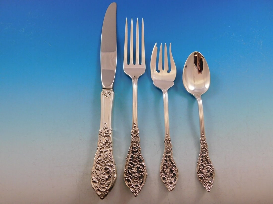 Reed & Barton Florentine Lace Sterling Silver 4-Piece Dinner Setting: Reed & Barton Florentine Lace Sterling Silver 4-Piece Dinner Setting Elevate your dining experience with this exquisite 4-piece dinner setting from the Florentine Lace pattern by Reed & Barton. Each p