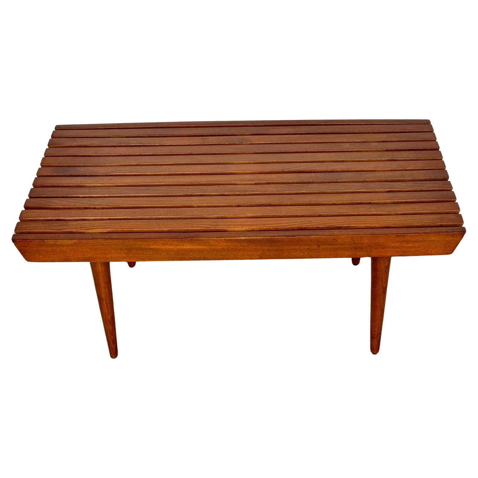 1960s Mid-Century Modern Slat Bench Table in George Nelson Style: 1960s Mid-Century Modern Slat Bench Table in George Nelson Style This midcentury diminutive slat bench or table, inspired by the iconic style of George Nelson, showcases timeless design and versatilit