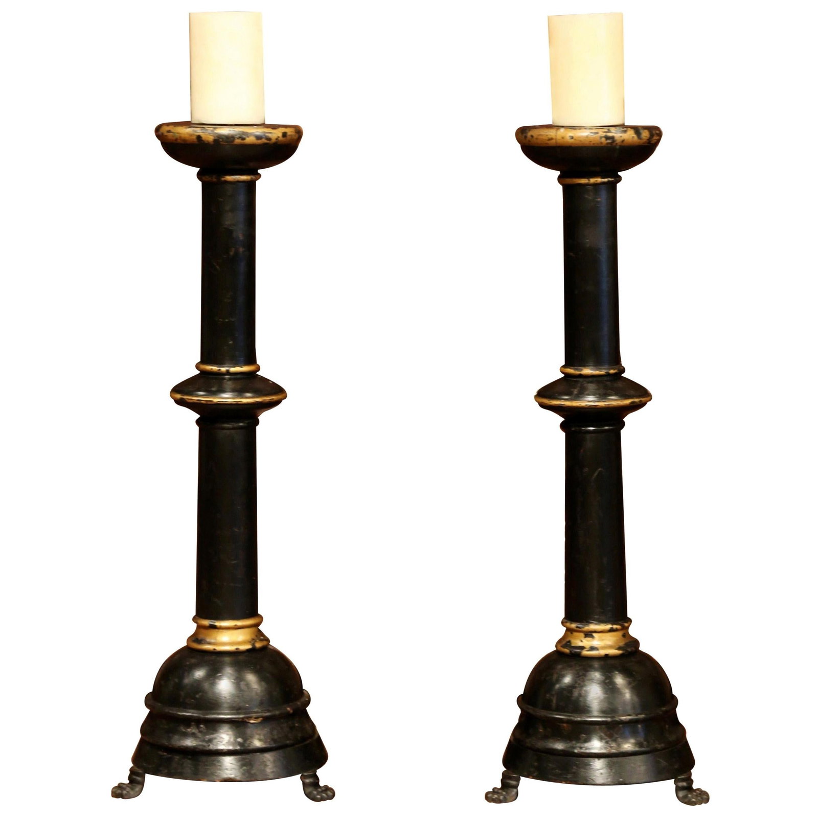 19th Century Italian Baroque Blackened Giltwood Altar Stick Set of 2: 19th Century Italian Baroque Blackened Giltwood Altar Stick Set of 2 Enhance your decor with this exquisite pair of 19th Century Italian Baroque altar sticks. Crafted circa 1860 in Italy, these handcr