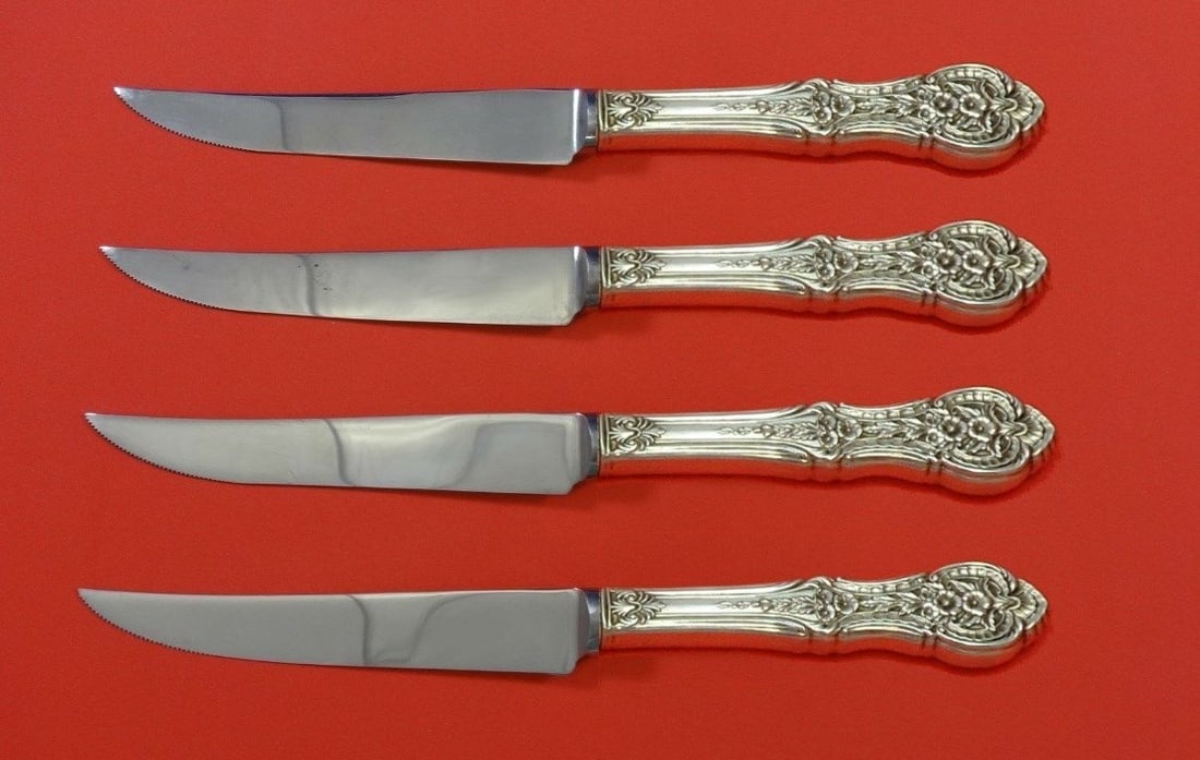 International Sterling Silver Springtime Steak Knife Set 4pc Custom Monogrammed: International Sterling Silver Springtime Steak Knife Set 4pc Custom Monogrammed Enhance your dining experience with this exquisite 4-piece steak knife set from the Springtime pattern by International