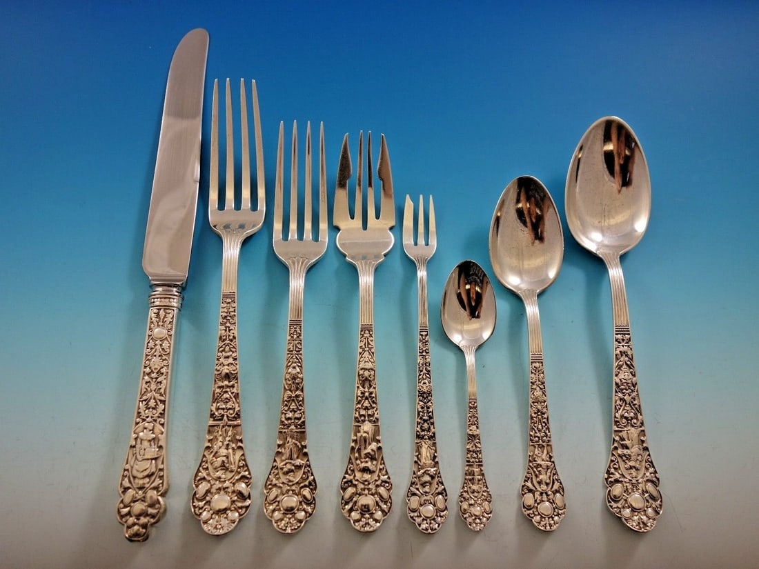 Gorham Medici Old Sterling Silver Flatware Set 78 Pieces for 8: Gorham Medici Old Sterling Silver Flatware Set 78 Pieces for 8 Discover the exquisite Medici Old by Gorham Sterling Silver Flatware Set, a rare collection dating back to 1880. This stunning set featur
