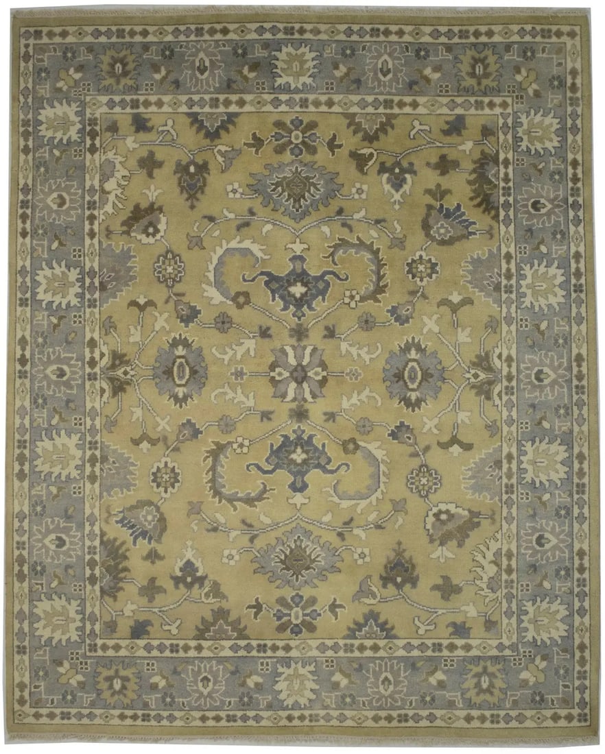 8x10 Hand-Knotted Wool Floral Oushak Chobi Area Rug in Muted Beige Tones: 8x10 Hand-Knotted Wool Floral Oushak Chobi Area Rug in Muted Beige Tones This handmade Oushak Chobi oriental rug features a muted floral design in golden beige, gray, cream, and brown tones. Hand-knot