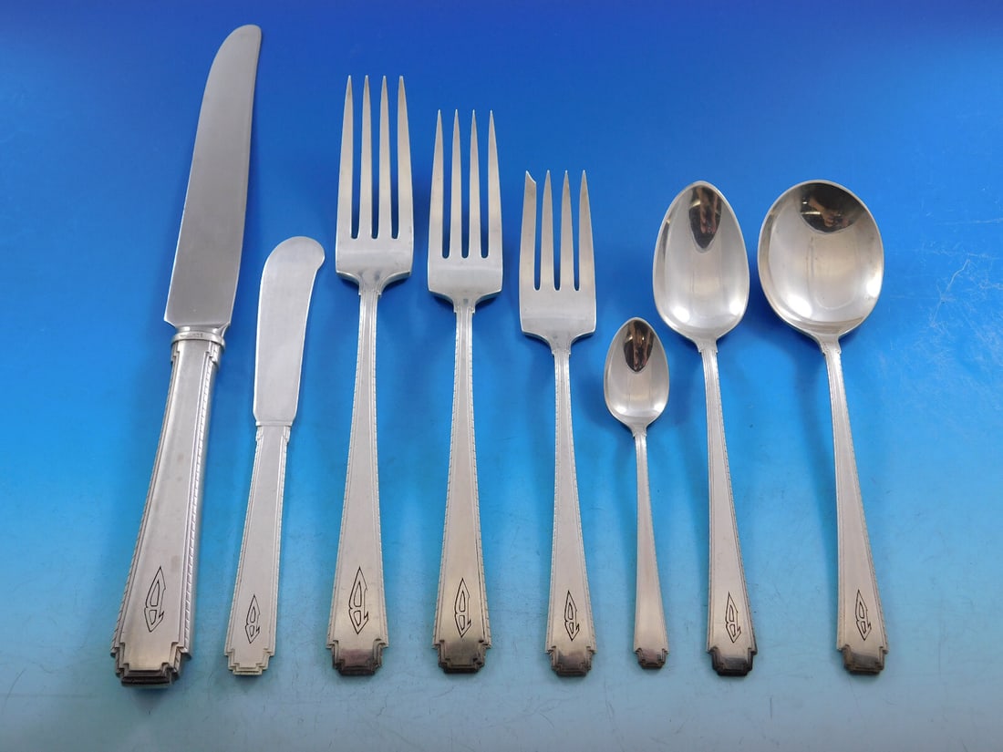 Wallace Rhythm Sterling Silver Flatware Set 79 pcs Art Deco B Monogram: Wallace Rhythm Sterling Silver Flatware Set 79 pcs Art Deco B Monogram Discover the elegance of the Rhythm pattern by Wallace with this stunning sterling silver flatware service set, comprising 79 pie