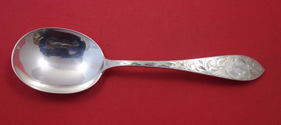 Schofield Sterling Silver Lorraine Engraved Gumbo Soup Spoon 7": Schofield Sterling Silver Lorraine Engraved Gumbo Soup Spoon 7" This exquisite gumbo soup spoon features a stunning all-over engraved design by Schofield. Crafted from high-quality sterling silver, th