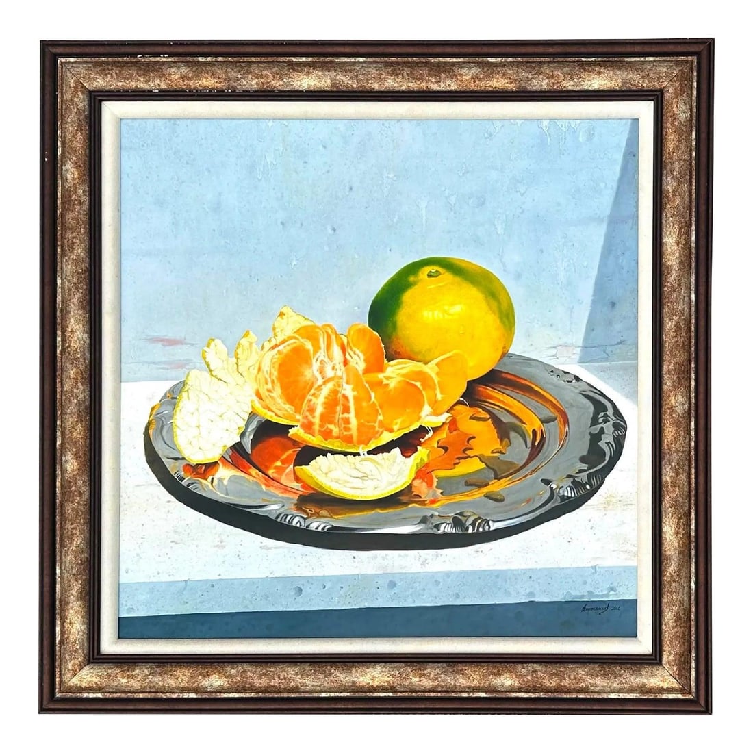 Still Life Oil Painting on Canvas Vintage Artwork with Oranges and Metal Plate: Still Life Oil Painting on Canvas Vintage Artwork with Oranges and Metal Plate This vintage still life oil painting features a vivid composition with bright oranges set against a polished metallic pla