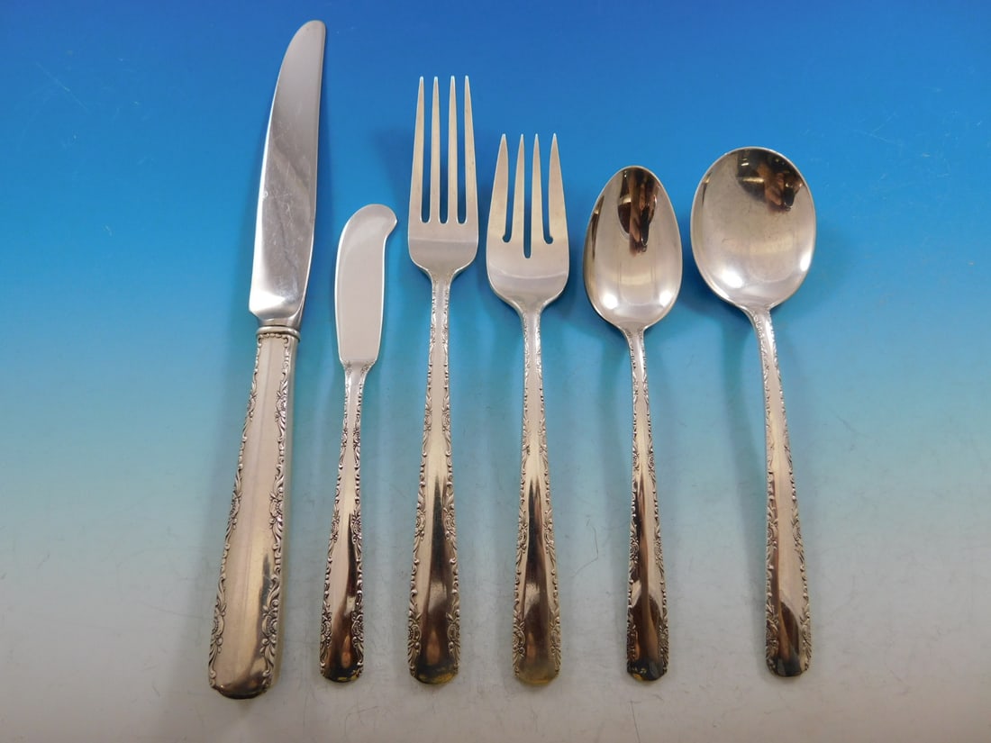 Gorham Camellia Sterling Silver Flatware Set for 8 - 48 Pieces with Storage Chest: Gorham Camellia Sterling Silver Flatware Set for 8 - 48 Pieces with Storage Chest Elevate your dining experience with the Camellia Sterling Silver Flatware Set by Gorham, designed for service of 8. Th