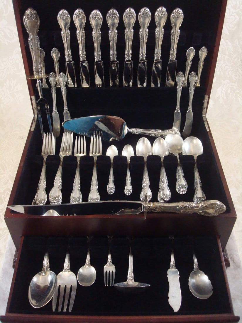 Gorham Melrose Sterling Silver Flatware Set for 8 - 66 Pieces with Storage Chest: Gorham Melrose Sterling Silver Flatware Set for 8 - 66 Pieces with Storage Chest Experience the elegance of the Melrose Sterling Silver Flatware Set by Gorham, designed for a service of eight. This ex