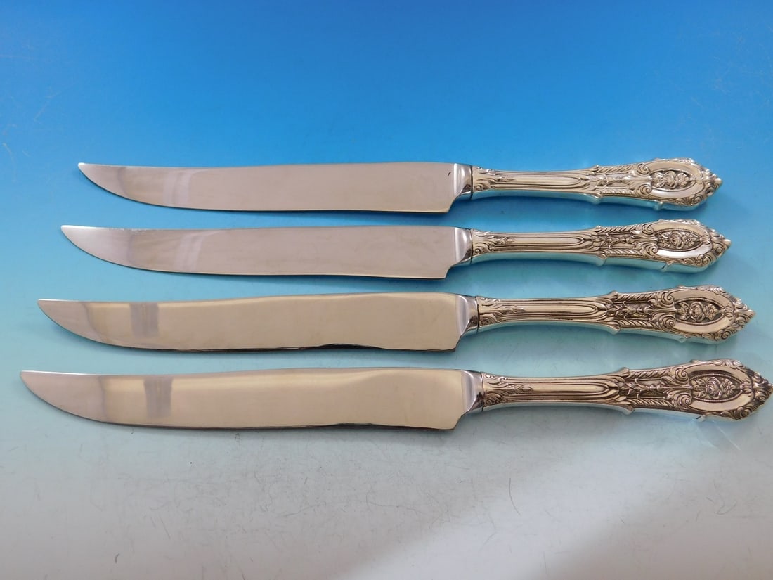 Rose Point by Wallace Sterling Silver Steak Knife Set 4pc Texas Size: Rose Point by Wallace Sterling Silver Steak Knife Set 4pc Texas Size Introducing the Rose Point by Wallace Sterling Silver Steak Knife Set, a stunning collection of four Texas-sized custom knives that