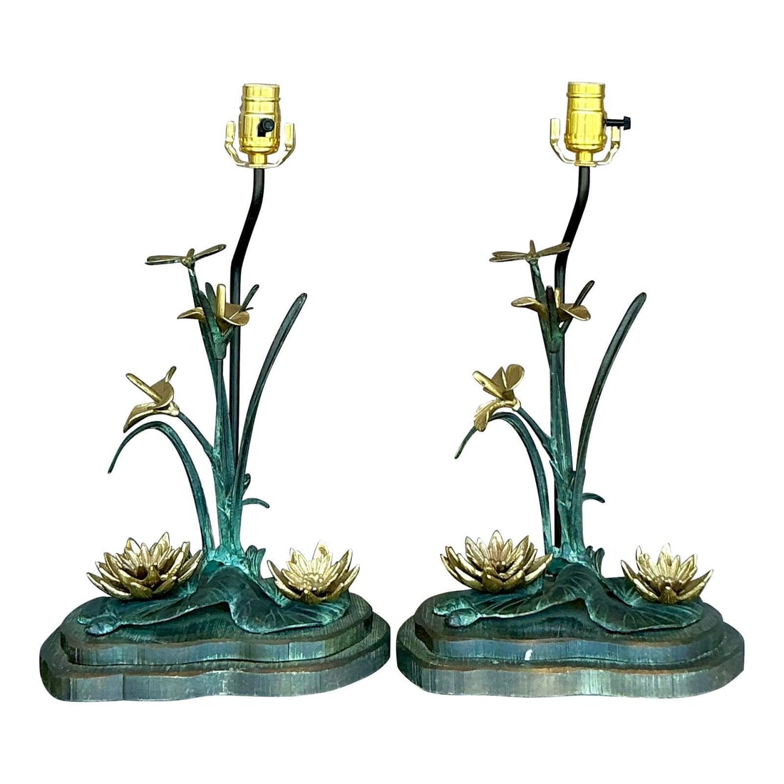 Vintage Boho Patinated Bronze Lily Pad Table Lamps Pair: Vintage Boho Patinated Bronze Lily Pad Table Lamps Pair Enhance your living space with these exquisite Vintage Boho Patinated Bronze Lily Pad Lamps. Crafted with beautifully sculpted bronze bases and