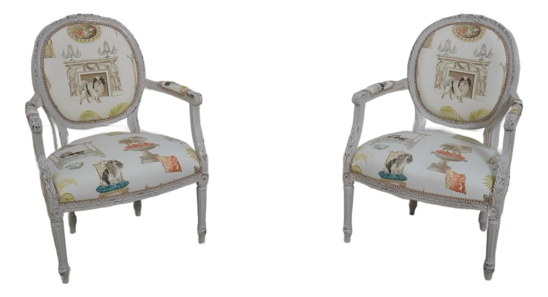 Louis XVI Pair of Painted Bergere Armchairs with Dog Motif Upholstery: Louis XVI Pair of Painted Bergere Armchairs with Dog Motif Upholstery This exquisite pair of Louis XVI painted bergere armchairs features a custom distressed finish and new upholstery adorned with a c