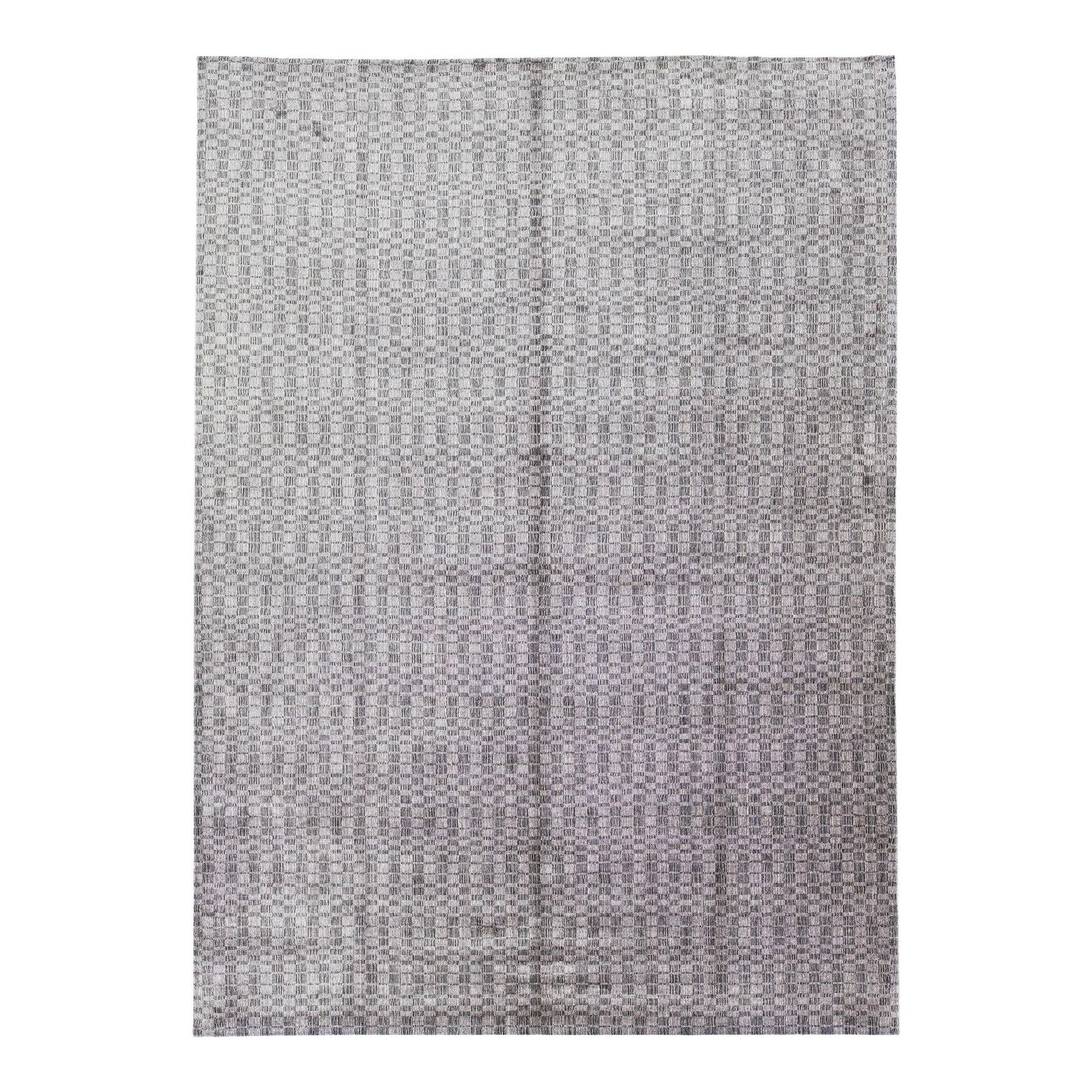 Handmade Gray Wool Silk Rug with Geometric Design 9'11 x 13'10: Handmade Gray Wool Silk Rug with Geometric Design 9'11 x 13'10 This exquisite handmade rug combines the luxurious textures of wool and silk, featuring a captivating gray-silver base. Its stunning geom