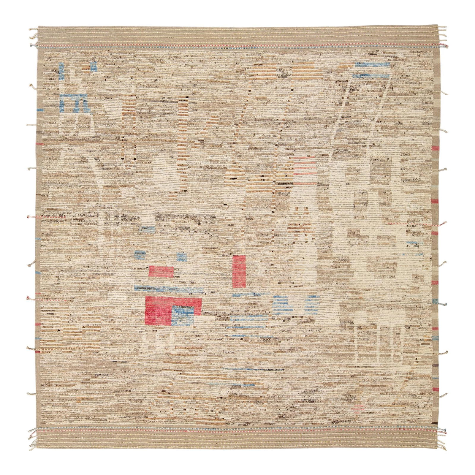 Beige Handmade Moroccan Style Wool Rug Modern Boho Abstract Design 13'6 x 14'3: Beige Handmade Moroccan Style Wool Rug Modern Boho Abstract Design 13'6 x 14'3 Enhance your living space with this stunning Moroccan style handmade wool rug. Featuring a stylish beige field, this mode