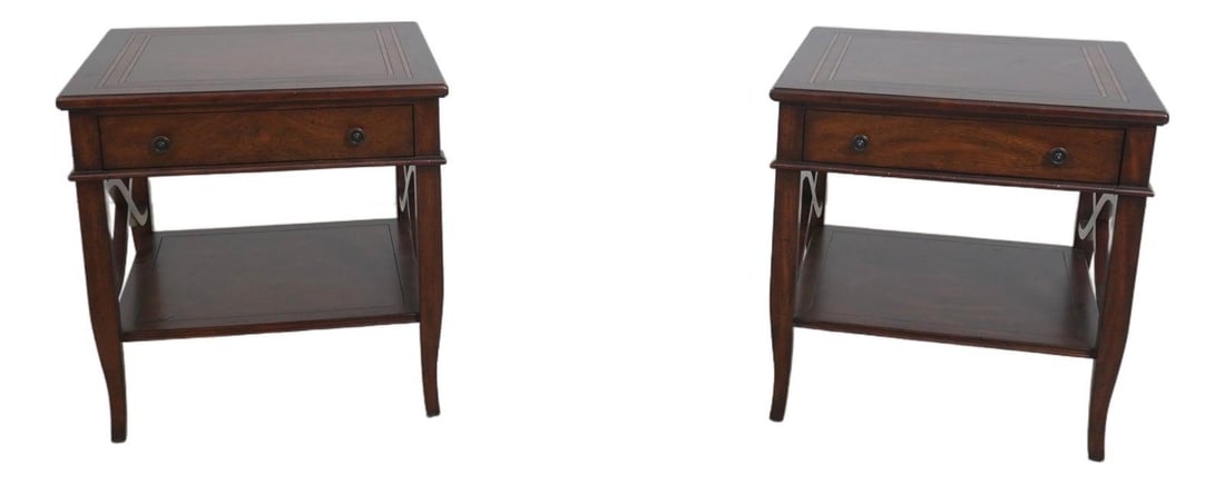 Theodore Alexander Brooksby Mahogany Nightstands Pair Factory Distressed: Theodore Alexander Brooksby Mahogany Nightstands Pair Factory Distressed This exquisite pair of Theodore Alexander Brooksby nightstands is crafted from high-quality mahogany and features a factory dis