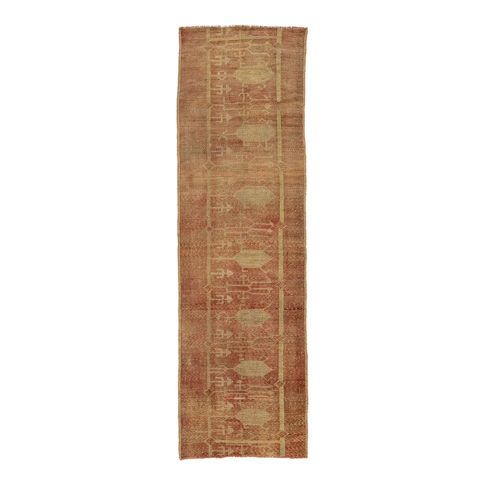 Handcrafted Vintage Turkish Anatolian Wool Runner 2'3 x 7'6 Terra Cotta: Handcrafted Vintage Turkish Anatolian Wool Runner 2'3 x 7'6 Terra Cotta This exquisite handcrafted vintage Turkish runner beautifully showcases the rich heritage of Turkish craftsmanship. Woven from p