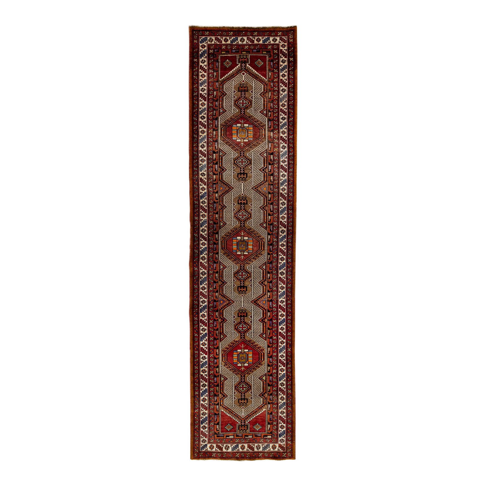 Vintage Persian Hand-Knotted Wool Runner Rug Brown Tribal Design 3'6" X 14'0": Vintage Persian Hand-Knotted Wool Runner Rug Brown Tribal Design 3'6" X 14'0" Transform your space with this exquisite vintage Persian hand-knotted wool runner rug. Featuring a rich brown field adorne