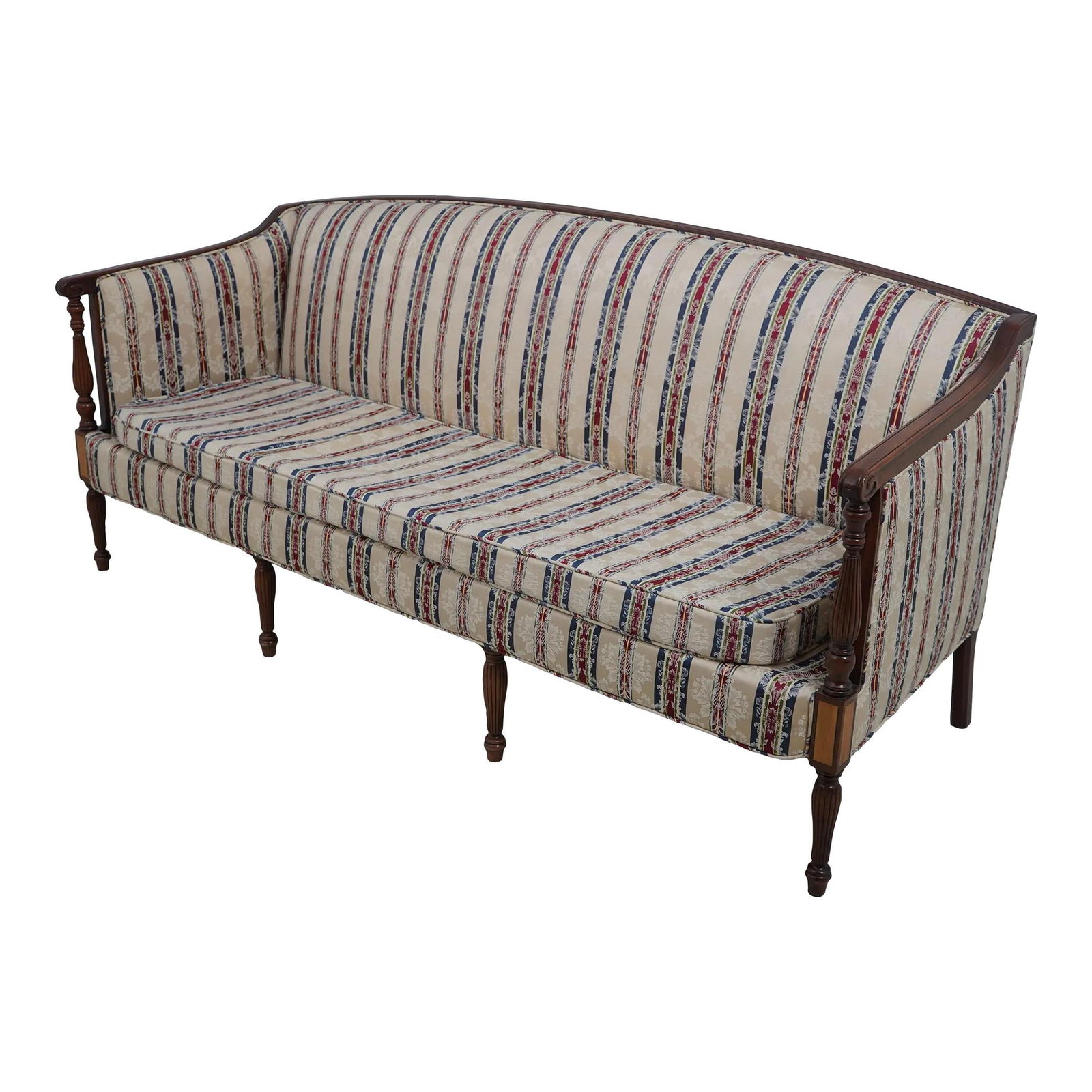 Hickory Chair Co Sheraton Mahogany Sofa in Damask Upholstery: Hickory Chair Co Sheraton Mahogany Sofa in Damask Upholstery Discover this exquisite Sheraton Style sofa from Hickory Chair Co, a timeless piece that showcases traditional design elements. Crafted fro