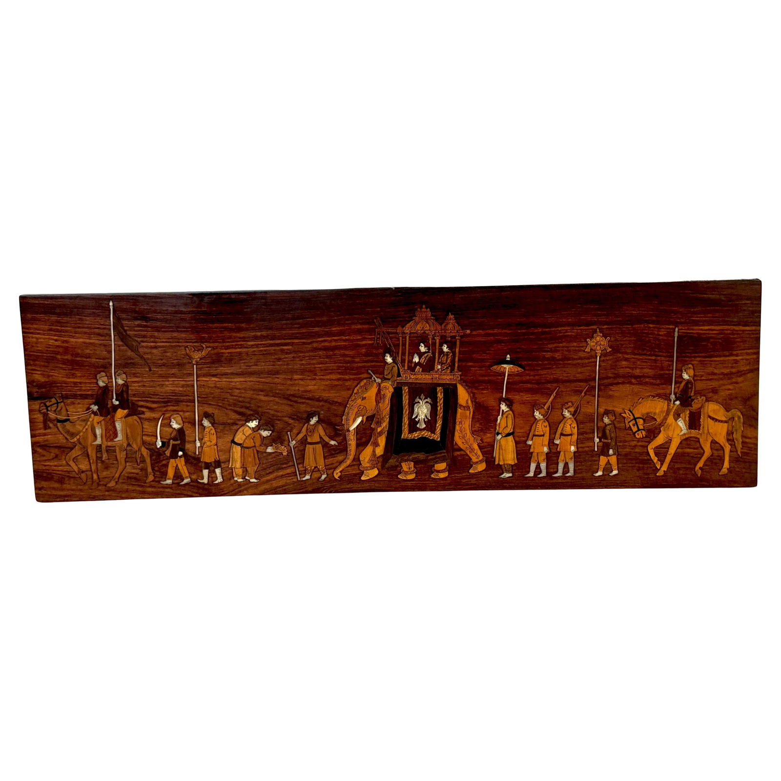 Indian Anglo Raj Inlaid Hardwood Panel with Elephant Procession Scene: Indian Anglo Raj Inlaid Hardwood Panel with Elephant Procession Scene This Anglo-Raj Indian inlaid hardwood panel from early 20th century India features an intricately detailed ceremonial procession l