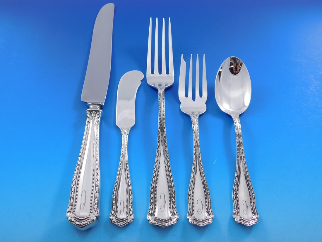 Shreve & Co Marie Louise Sterling Silver Flatware Set 41 pcs with C Monogram: Shreve & Co Marie Louise Sterling Silver Flatware Set 41 pcs with C Monogram Introducing the exquisite Marie Louise sterling silver flatware service set by Shreve & Co., comprising 41 meticulously cra