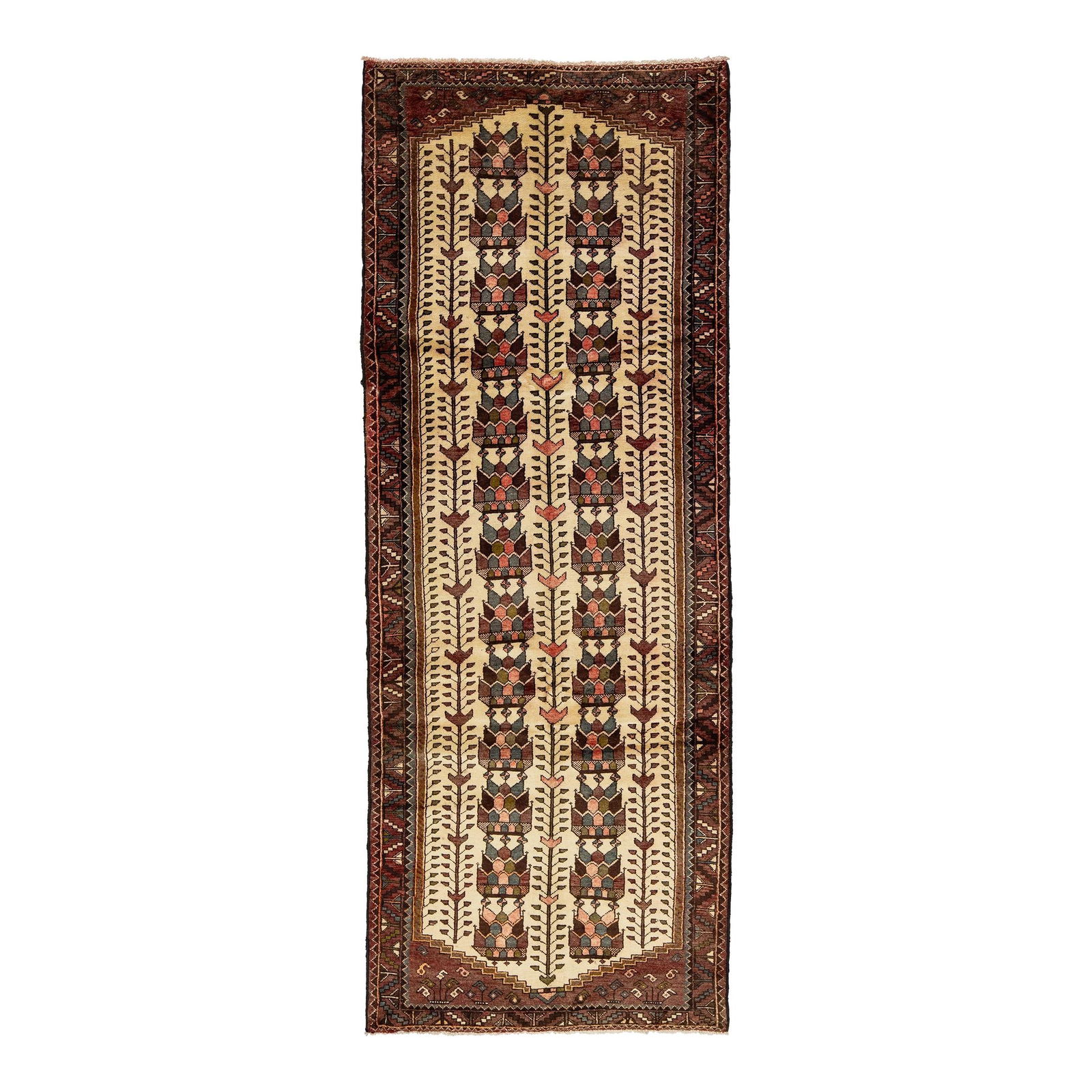 Vintage Hamadan Beige Wool Rug 3'8 x 9'9 Hand-Knotted Allover Design: Vintage Hamadan Beige Wool Rug 3'8 x 9'9 Hand-Knotted Allover Design This exquisite hand-knotted Hamadan rug features a warm beige field accented with intricate patterns in red, brown, and blue. Perfe