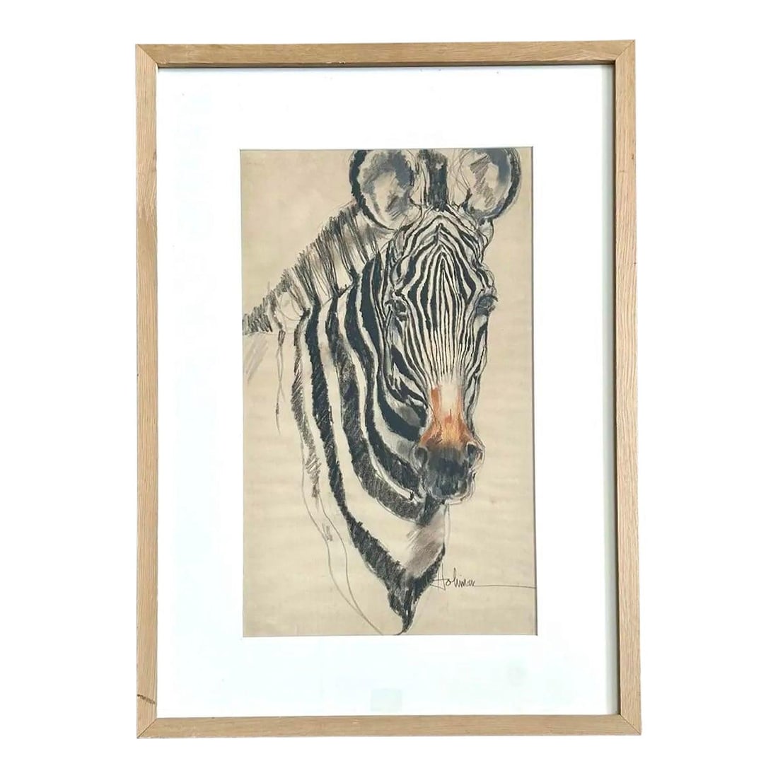 Expressive Zebra Art on Paper with Warm Tones Framed in Wood and Glass: Expressive Zebra Art on Paper with Warm Tones Framed in Wood and Glass This vintage boho drawing features a zebra rendered with bold, deliberate strokes that emphasize its distinctive stripes. The com