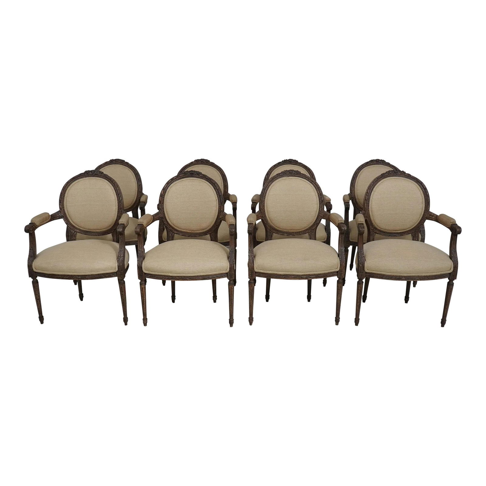 Set of 8 Louis XVI Upholstered Armchairs Distressed Finish: Set of 8 Louis XVI Upholstered Armchairs Distressed Finish Enhance your dining experience with this exquisite set of 8 French Louis XVI upholstered armchairs. Crafted with fine carved details and a ni