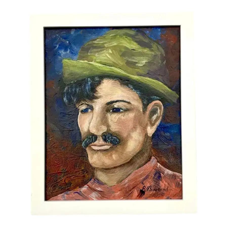Vintage Boho Small Oil Portrait of Man in White Frame: Vintage Boho Small Oil Portrait of Man in White Frame This vintage boho portrait features a man with a calm and reflective expression, beautifully rendered with strong brushstrokes and textured layers
