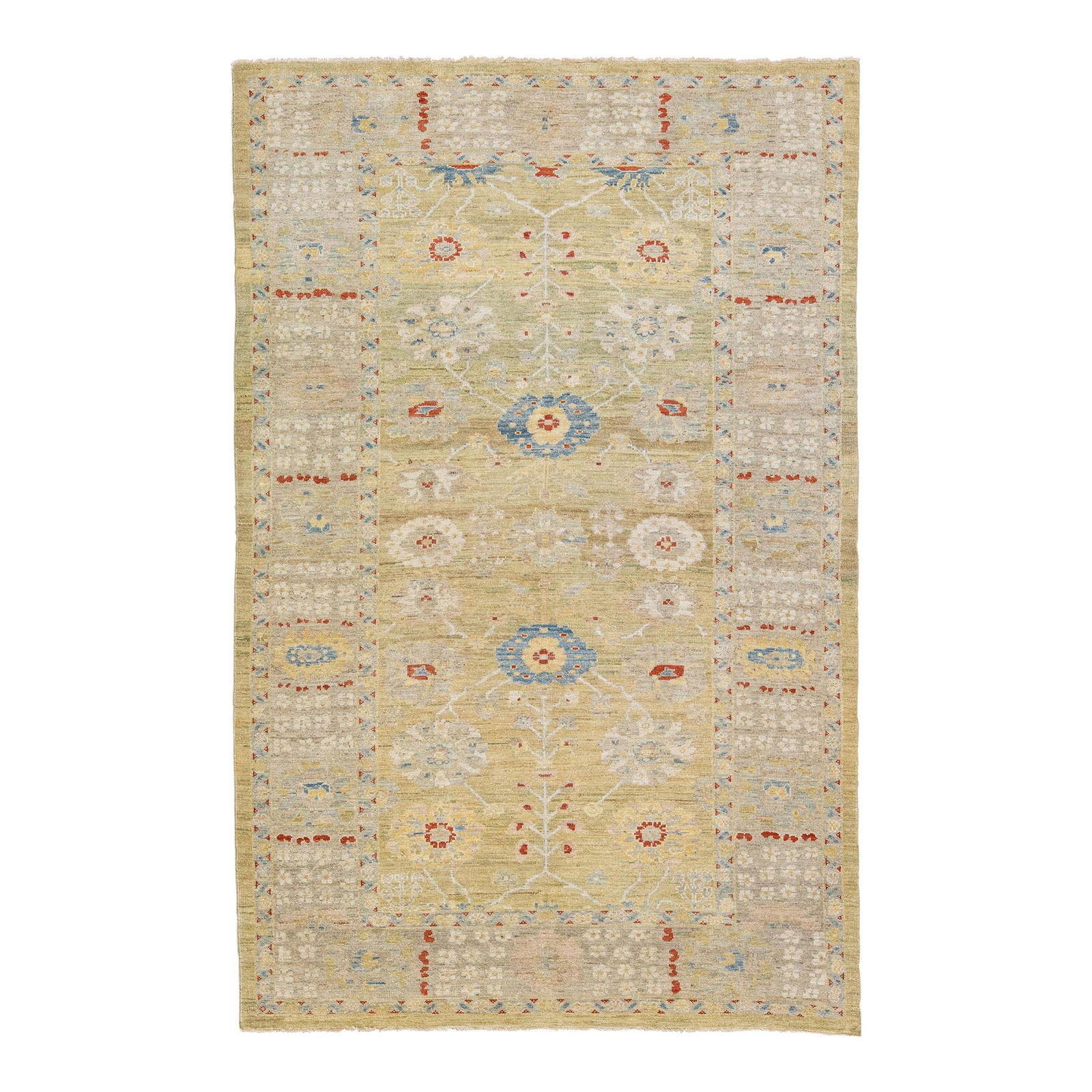 Vibrant Handmade Wool Sultanabad Floral Rug 6'2 x 9'9: Vibrant Handmade Wool Sultanabad Floral Rug 6'2 x 9'9 Enhance your living space with this stunning Modern Sultanabad hand-knotted wool rug, featuring a vibrant yellow color field. The rug is beautiful