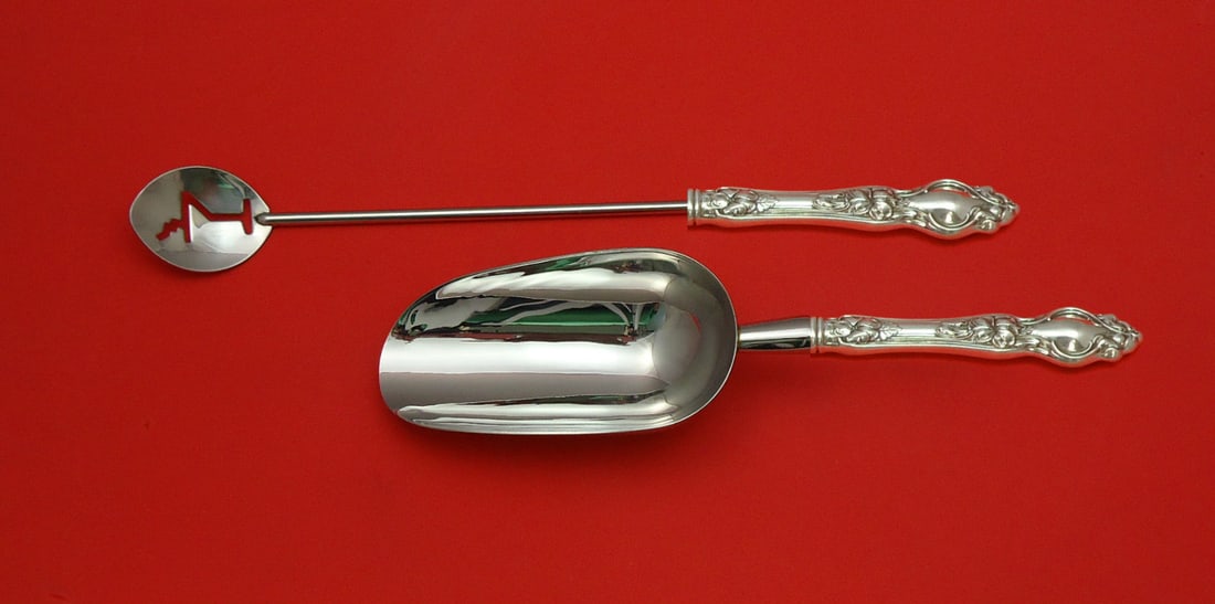 Wallace Violet Sterling Silver 2pc Bar Set Martini Spoon Ice Scoop: Wallace Violet Sterling Silver 2pc Bar Set Martini Spoon Ice Scoop This exquisite 2-piece bar set by Wallace is crafted from sterling silver and features a custom-made design with hollow handles made