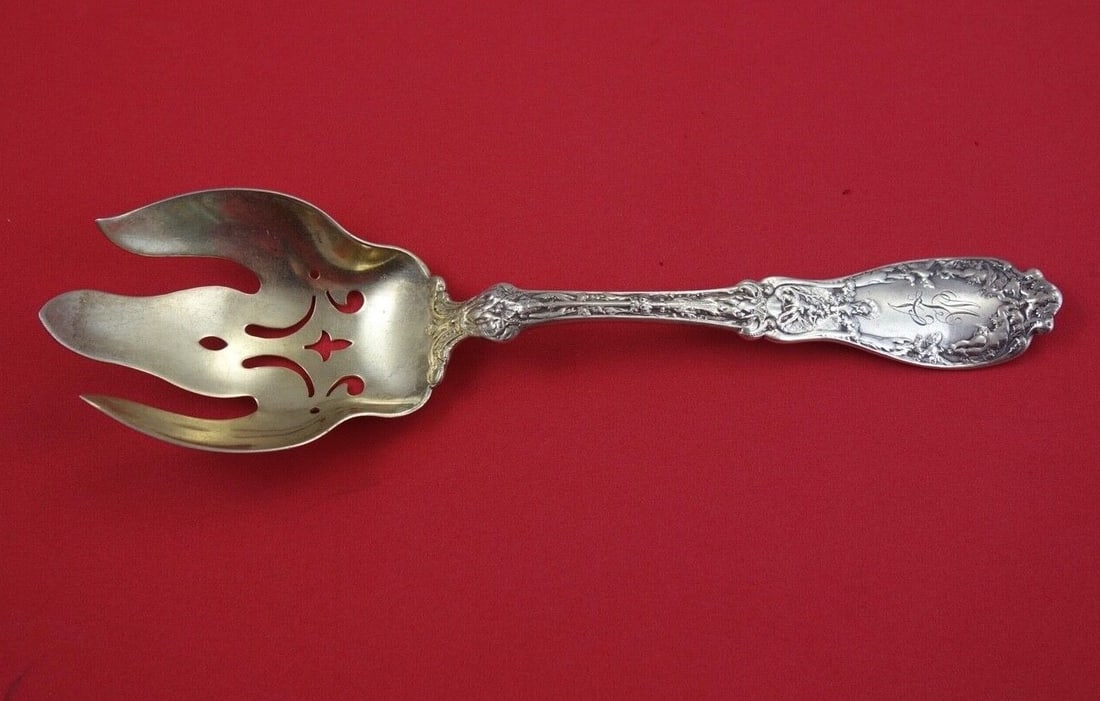 Gorham Paris Sterling Silver Salad Serving Fork Gold Wash 8 5/8": Gorham Paris Sterling Silver Salad Serving Fork Gold Wash 8 5/8" Indulge in the elegance of the Paris pattern by Gorham with this exquisite sterling silver salad serving fork. Crafted between 1900 and