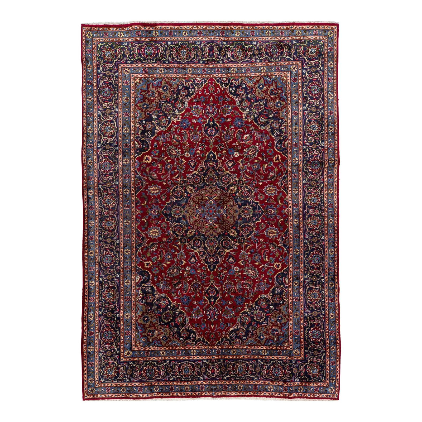 Vintage 1940s Persian Kashan Red Wool Medallion Rug 6'7 x 9'8: Vintage 1940s Persian Kashan Red Wool Medallion Rug 6'7 x 9'8 This stunning vintage Persian Kashan rug hails from the 1940s and features a vibrant red and blue field, beautifully adorned with multicol