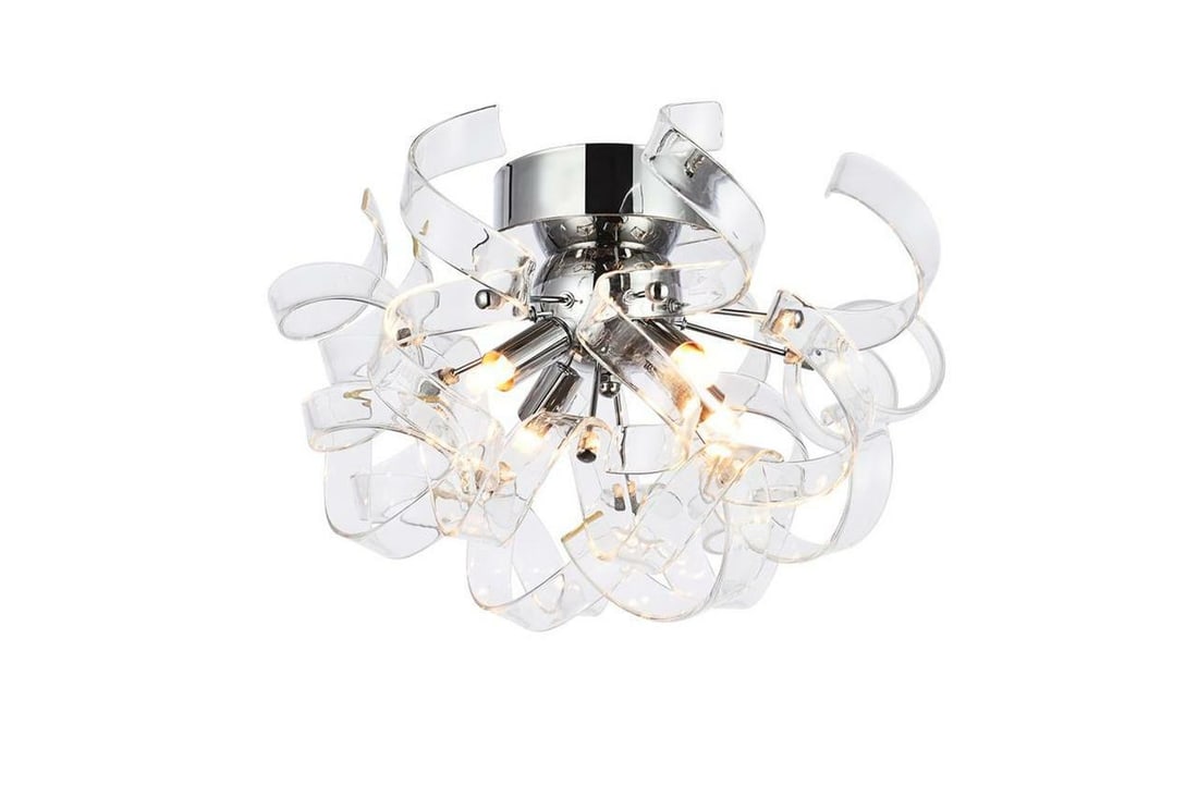 Ritz 4-Light Flush Mount Chandelier Curled Glass Chrome Fixture: Ritz 4-Light Flush Mount Chandelier Curled Glass Chrome Fixture Illuminate your space with the elegant Ritz 4-Light Flush Mount Chandelier, featuring a modern design that combines chrome and curled gl